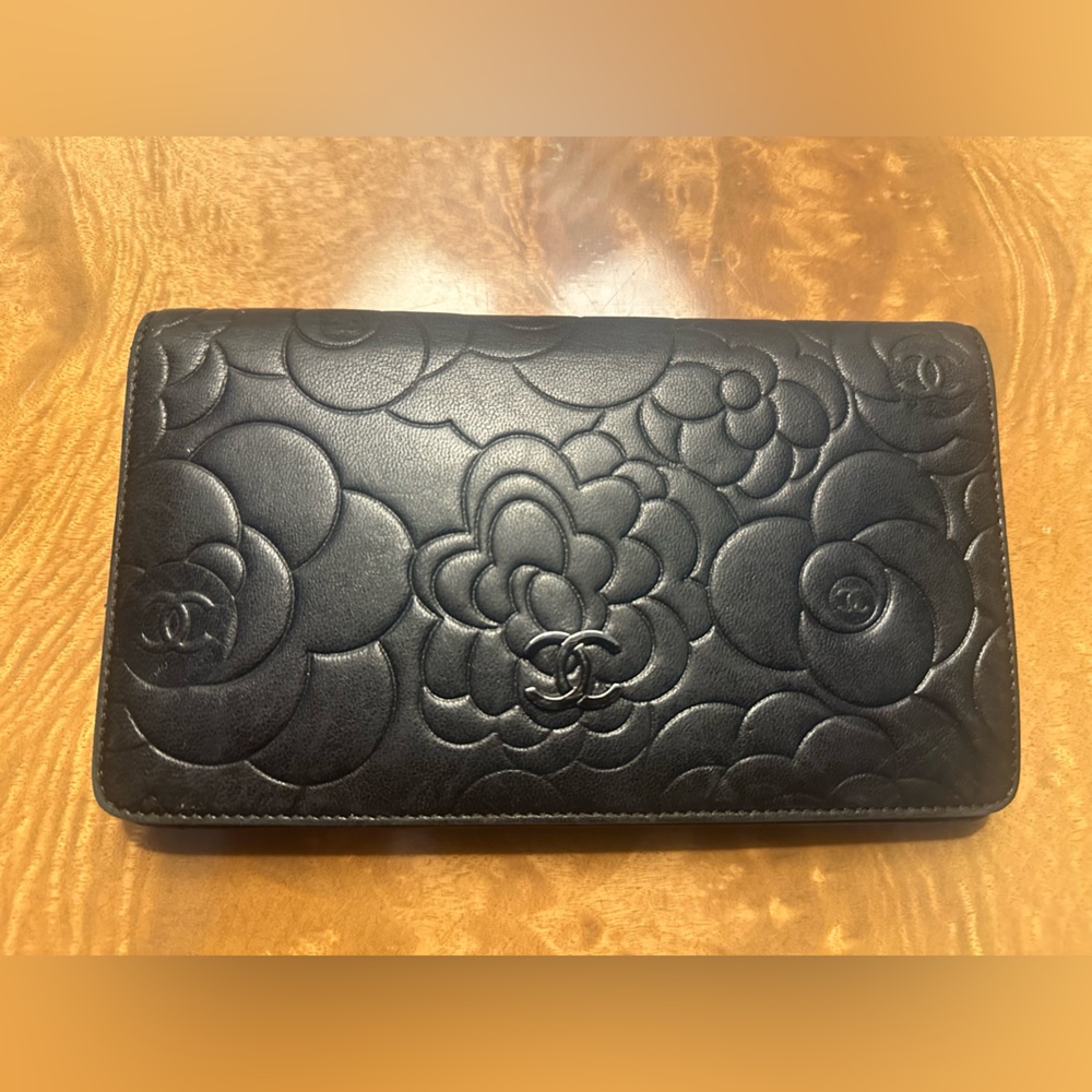 Chanel Camellia Quilted Floral Embossed Long Wallet - Black